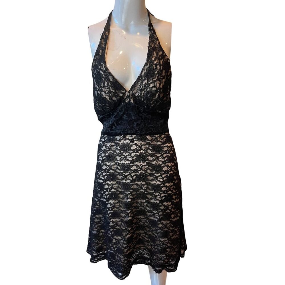 White House Black Market Women Y2K Halter Floral Lace Dress Whimsygoth Black 4